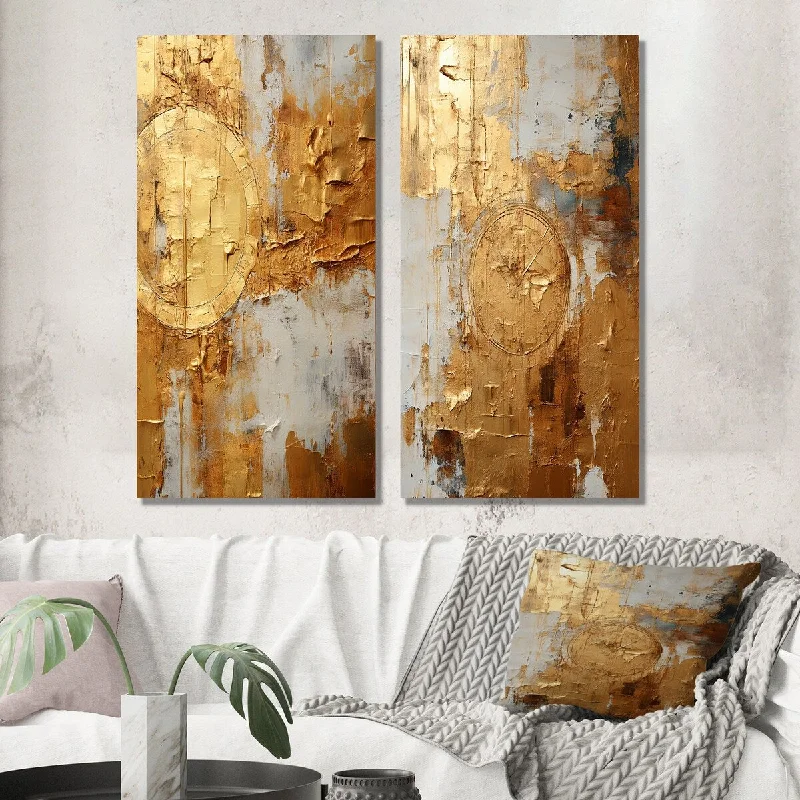 Vintage botanical floral wall art for classic-Designart "Vintage Gold Togetherness III" Abstract Painting Wall Art Set of 2 - Modern Print Art For Living Room Decor