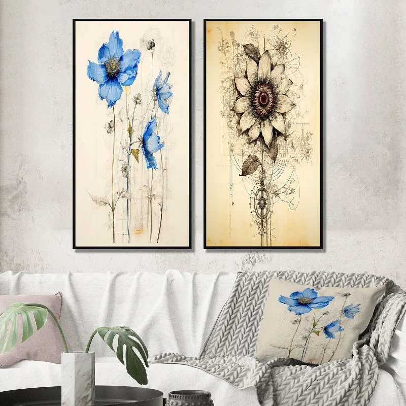 Handmade animal wall art for playful vibe-Designart "Vintage Illustration Of Blue Daisy Flower" Daisy Framed Wall Art Set Of 2 Gallery Set For Office Decor