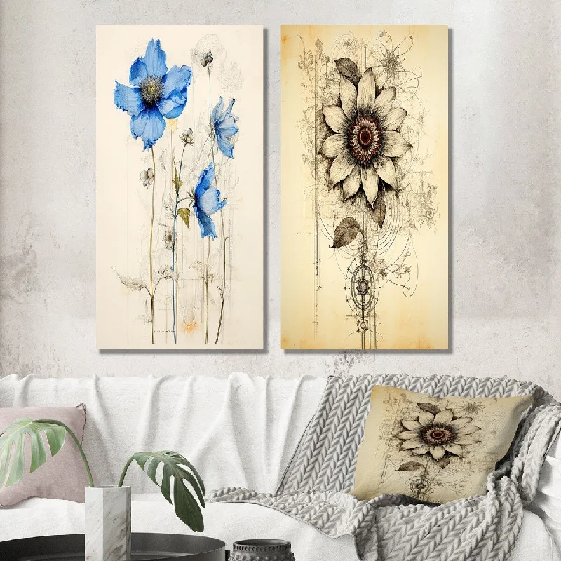 Modern black and white wall art for chic-Designart "Vintage Illustration Of Blue Daisy Flower" Daisy Wall Art Set of 2 - Traditional For Living Room Decor