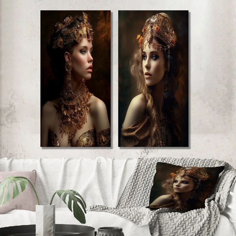 Luxury gold wall art for hallway-Designart "Vintage Sensuous Boho Beauty Sultry Secrets VII" Woman Wall Art Set of 2 - Glam Gallery Set For Office Decor