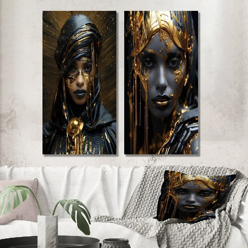 Nature themed animal canvas wall art for wild-Designart "Vintage Tribal Glam High Fashion Boho Beauty I" Boho Woman Wall Art Set of 2 - Glam Wall Art For Bedroom