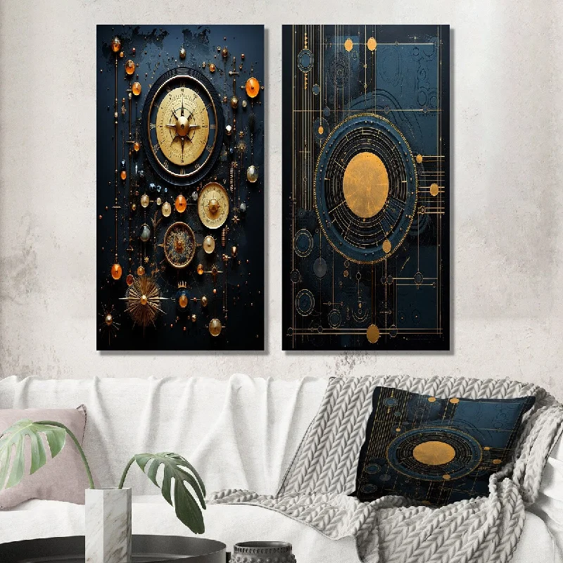 Nature themed wall art for outdoor vibe-Designart "Visionary Geometry In Teal And Gold II" Modern Wall Art Set of 2 - Modern Wall Art For Living Room Decor