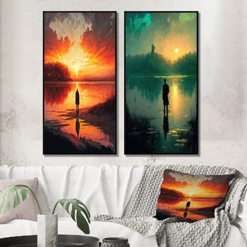 Boho macrame geometric wall art for texture-Designart "Watching A Glorious Sunset By The Lake I" Landscape Lake Wall Art Décor Gallery Wall Set For Home Decor