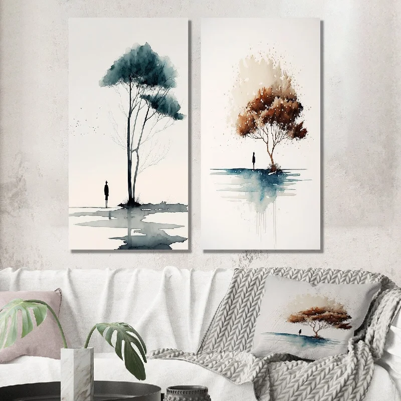 Rustic landscape wall art for earthy tones-Designart "Watercolor Tree By The Lake Side" Landscape Forest Wall Art Set of 2 - Country For Office Decor