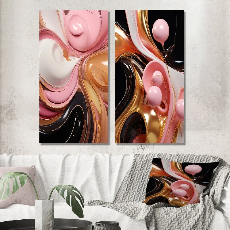 Minimalist white animal wall art for clean-Designart "Whimsical Lquid Pink And Gold Glam Art" Abstract Shapes Wall Art Set of 2 - Transitional For Office Decor