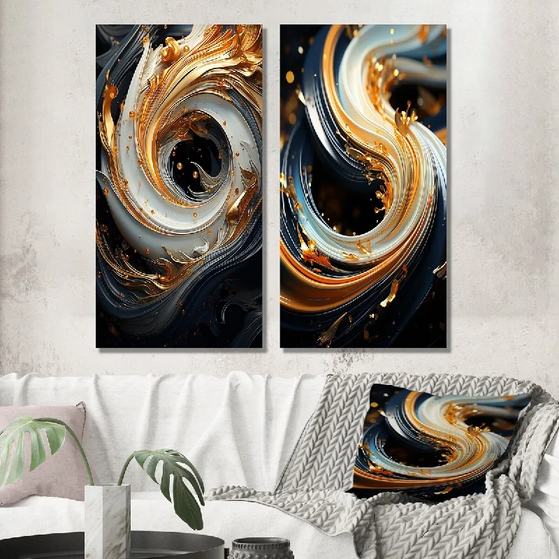 Custom watercolor wall art for kids room-Designart "White Gold And Black Ornamental Liquid Spiral II" Abstract Set of 2 - Transitional Wall Art For Home Decor