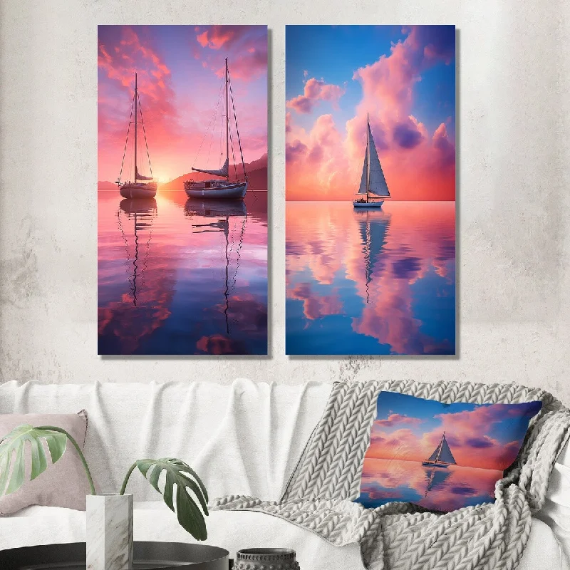 Rustic farmhouse animal wall art for rustic-Designart "White Sailboat Pink Blue Sunset Reflection I" Boat Wall Art Set of 2 - Modern For Living Room Decor