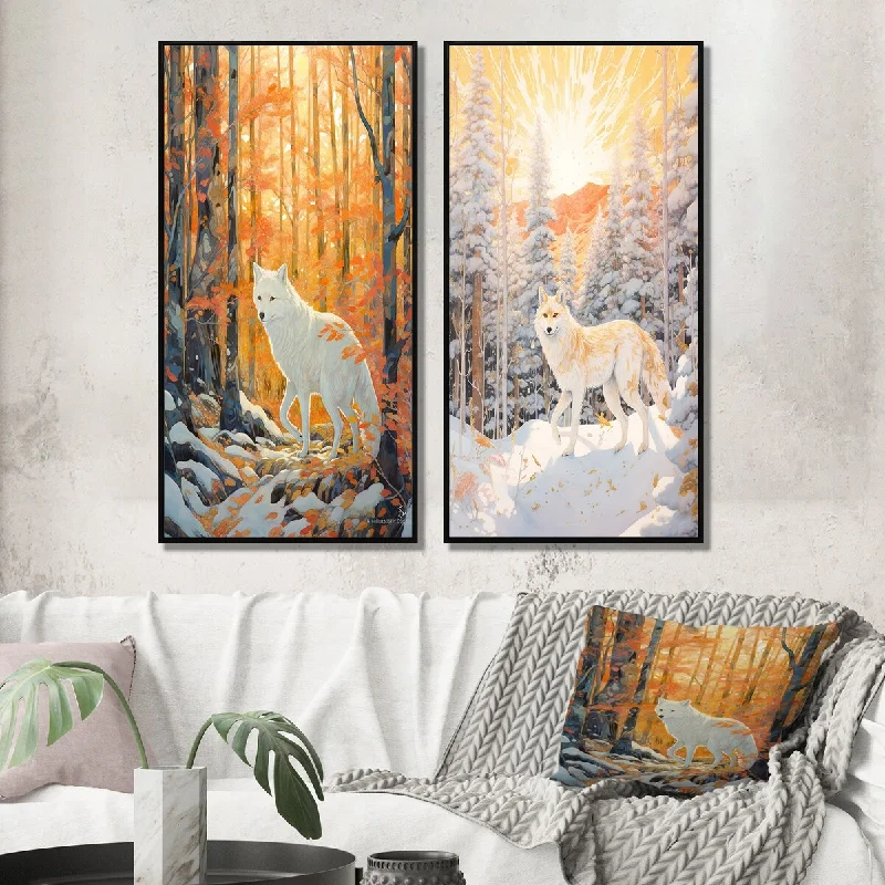 Small rustic animal wall art for cozy-Designart "White Wild Wolf In Winter Forest I" Animals Wall Art Décor Canvas Set For Living Room Decor