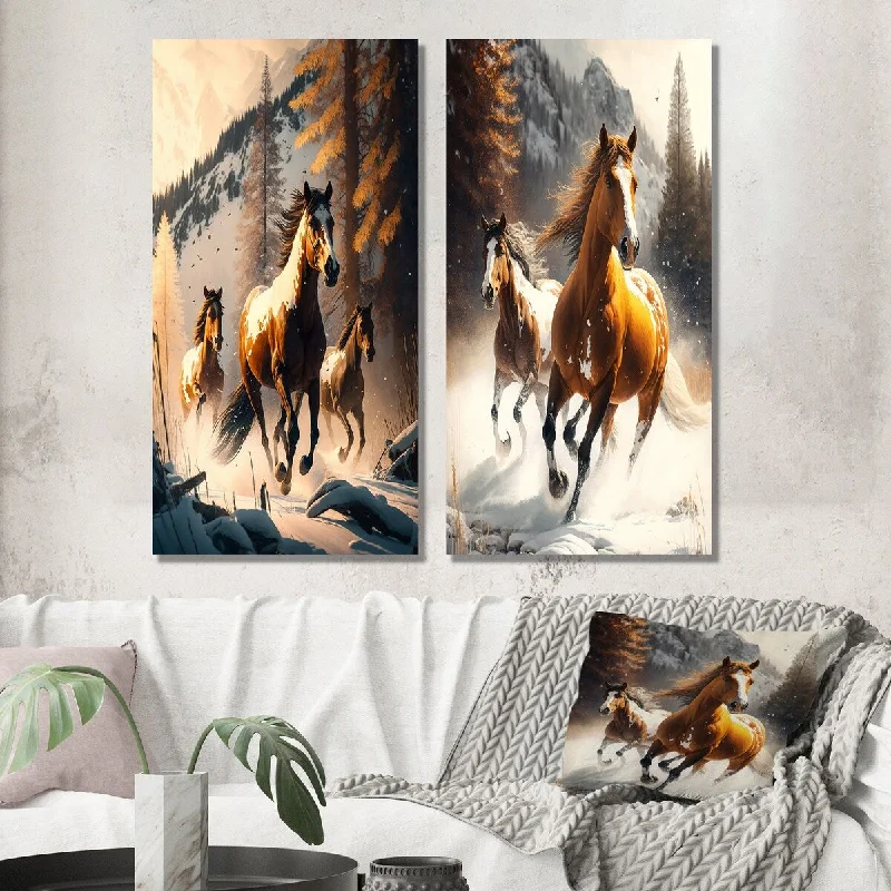 Rustic wooden abstract canvas wall art for style-Designart "Wild Horses Galopping Winter Scene III" Animal Wall Art Set of 2 - Children's Art Printed Wall Décor