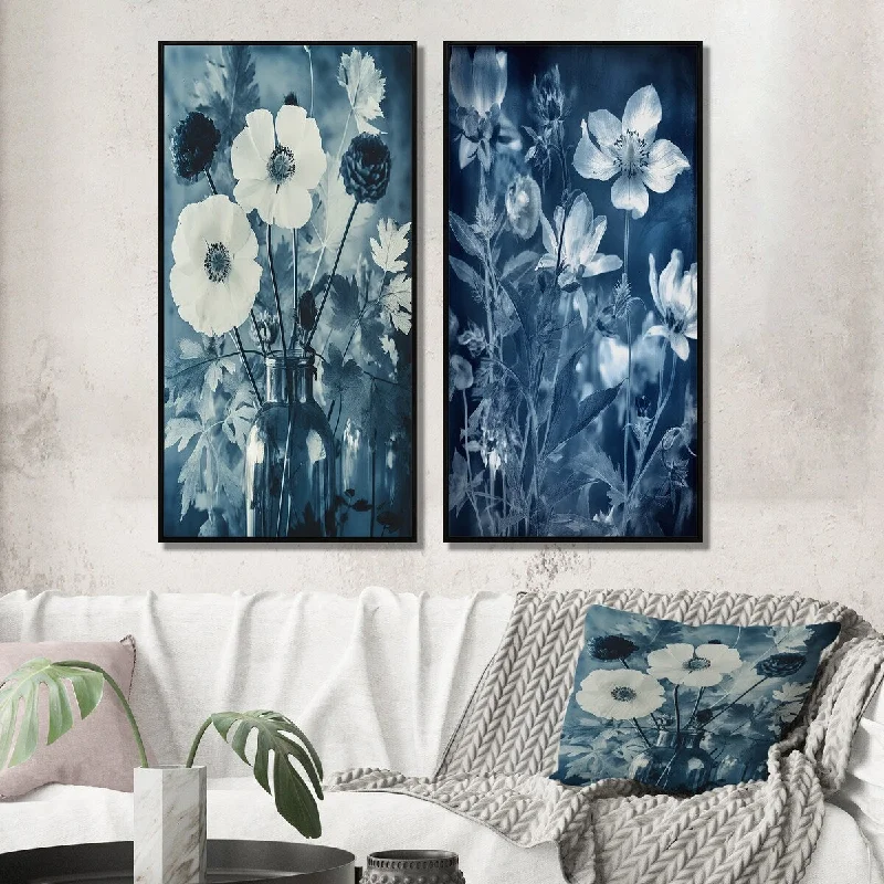 Nature inspired floral wall art for freshness-Designart "Wildflowers In Meadow Blue Vintage Botanical" Flowers Framed Canvas Set Of 2 For Living Room Decor