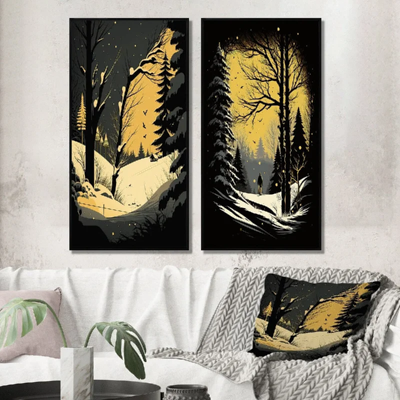 Minimalist white animal canvas wall art for sleek-Designart "Winter Trees In The Snow Mountain Forest I" Landscape Forest Framed Wall Art Gallery Set For Home Decor