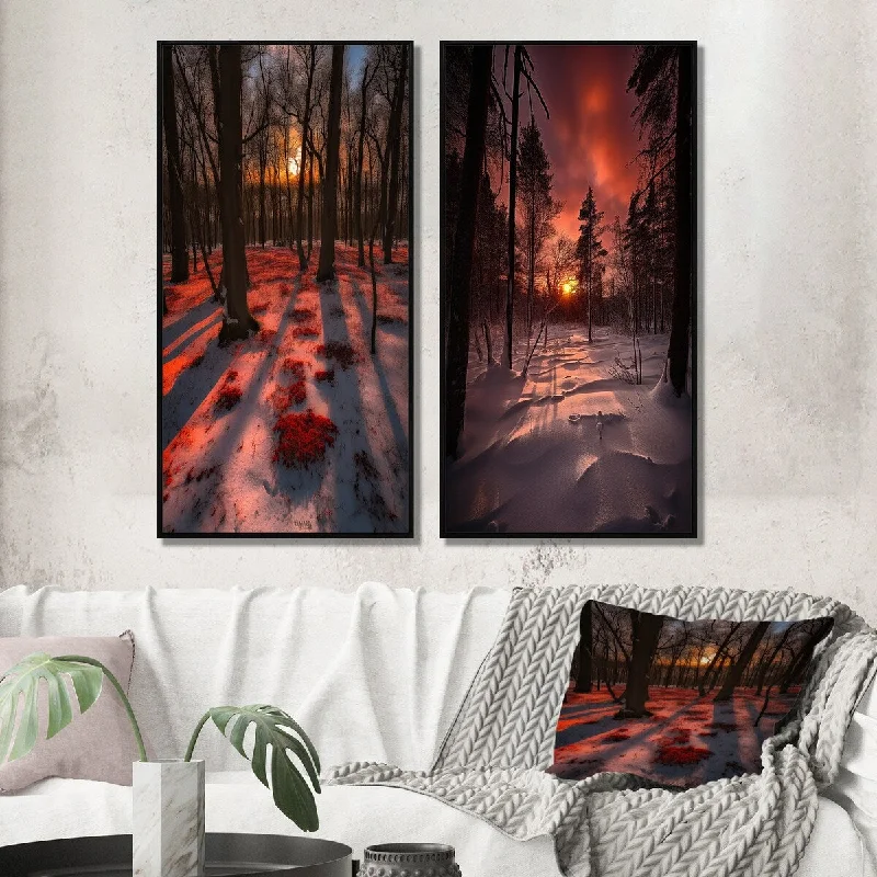 Custom abstract canvas wall art for uniqueness-Designart "Wintersun Shining Through Snowlit Trees I" Forest Framed Wall Art Set Of 2 Gallery Set For Office Decor