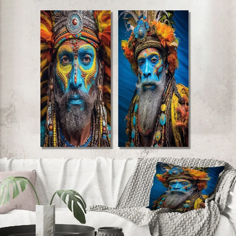 Contemporary colorful abstract wall art for pop-Designart "Wise Guru Man Portrait Blue Face And Feathers I" Man Wall Art Set of 2 - Glam Wall Art For Bedroom