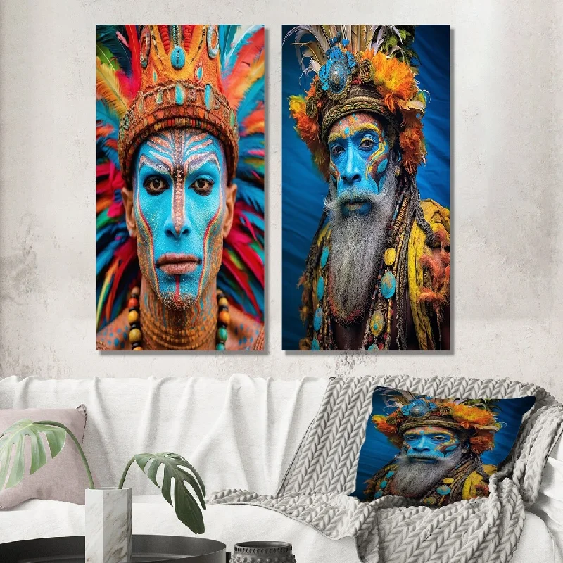 Minimalist geometric wall art for symmetry-Designart "Wise Guru Man Portrait Blue Face And Feathers" Man Wall Art Set of 2 - Glam For Living Room Decor