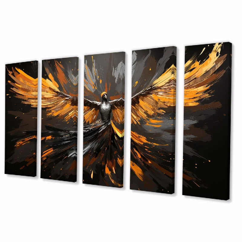 Vintage floral wall art for farmhouse-Designart "Woman Glowing Pheonix" Yellow Fashion Woman Set Of 5 - Glam Oversized Wall Decor Art For Living Room