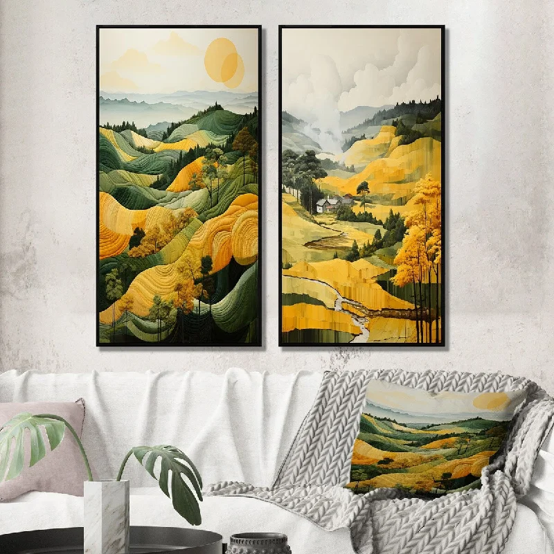 Modern blue abstract wall art for cool vibe-Designart "Yellow And Green Pastoral Bold Landscape" Countryside Framed Wall Art Set Of 2 Gallery Set Office Decor