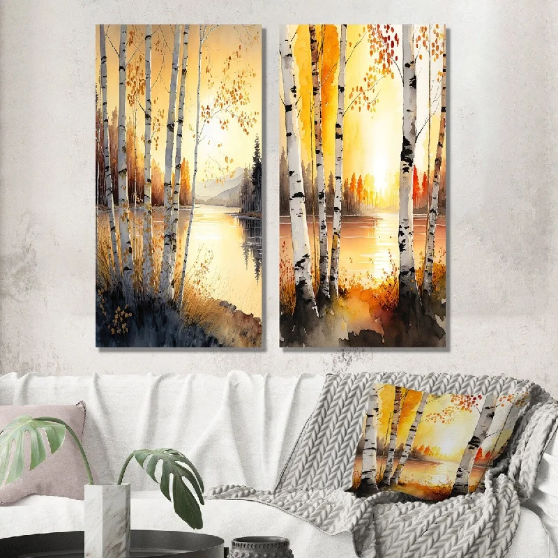 Nature themed animal abstract wall art for wild-Designart "Yellow Birches By The Lakeside II" Landscape Forest Wall Art Set of 2 - Country Living Room Decor