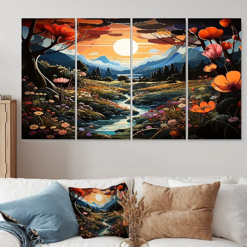 Small floral wall art for entryway-Designart "Yellow Enchanted Meadows Fantasy IV" Abstract Landscapes Canvas Set Of 4 - Oversized Modern Wall Art