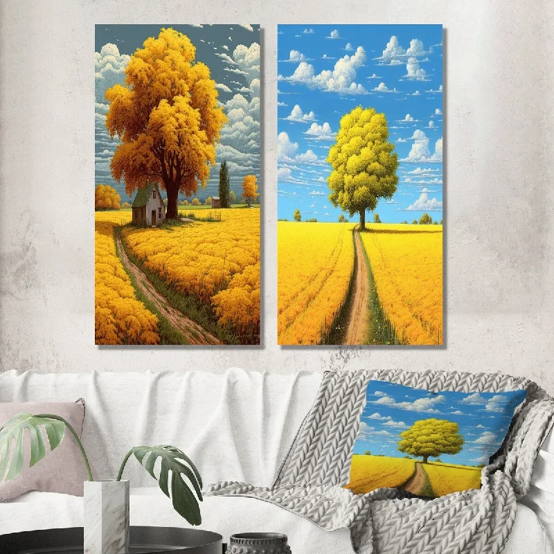 Rustic wooden abstract canvas wall art for style-Designart "Yellow Tree In Blossoming Golden Meadow II" Meadow Wall Art Set of 2 - Traditional For Living Room Decor