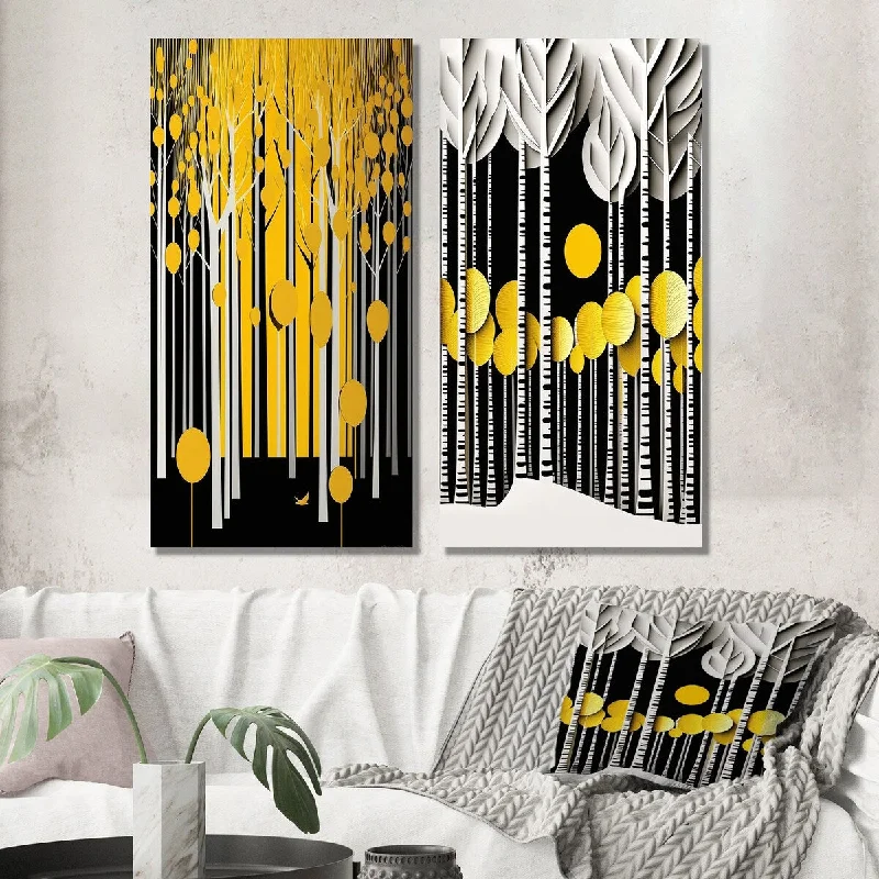 Vintage botanical animal canvas wall art for classic-Designart "Yellow Trees In The Forest Quill Minimalism II" Landscape Wall Art Set of 2 Traditional Living Room Decor