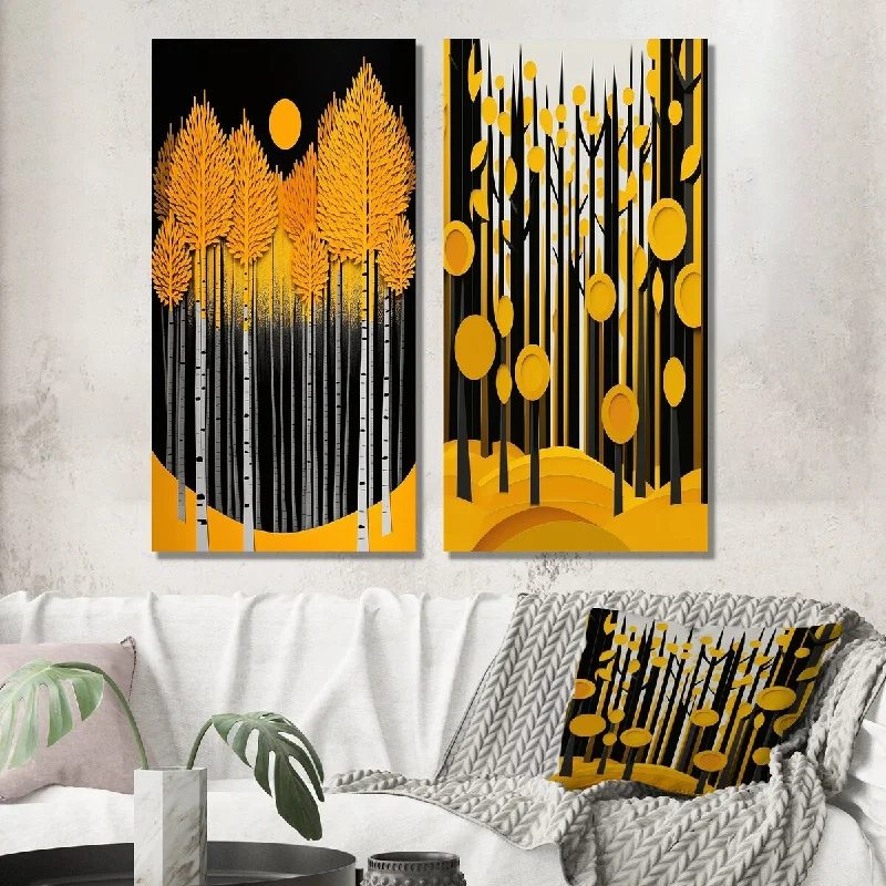 Custom watercolor floral wall art for art-Designart "Yellow Trees In The Forest Quill Minimalism" Landscape Wall Art Set of 2 - Traditional Printed Wall Décor