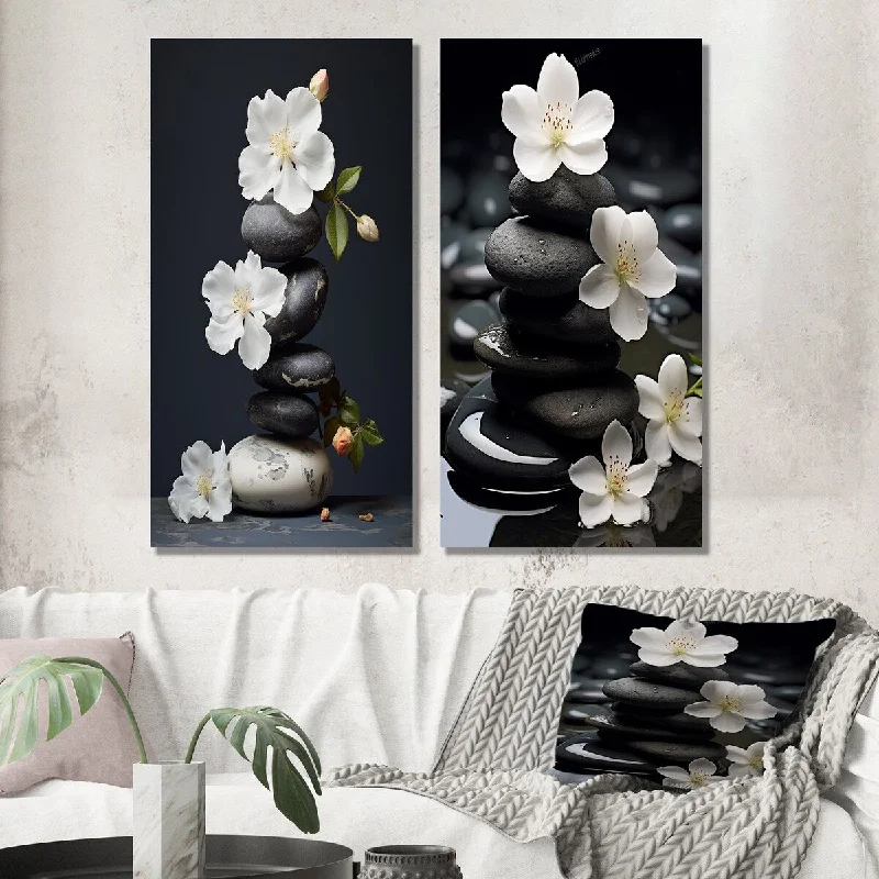 Luxury gold floral wall art for opulence-Designart "Zen Serenity White Flowers Black Stone Cairn I" Spiritual Set of 2 - Traditional Wall Art For Home Decor