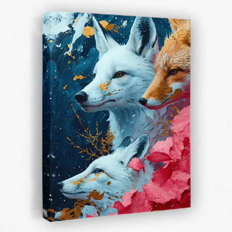 Contemporary blue geometric wall art for calm-Family of Foxes