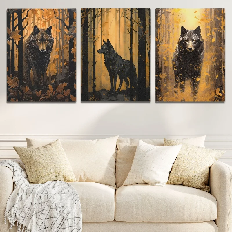 Boho macrame animal wall art for craft-Forest Wolves in Gold (3) Set