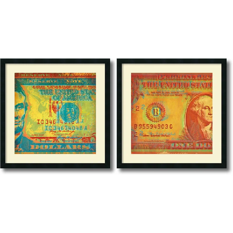 Custom abstract wall art for personal touch-Framed Art Print 'Five Bucks, One Buck - set of 2' by Dustin Chambers 26 x 26-inch Each