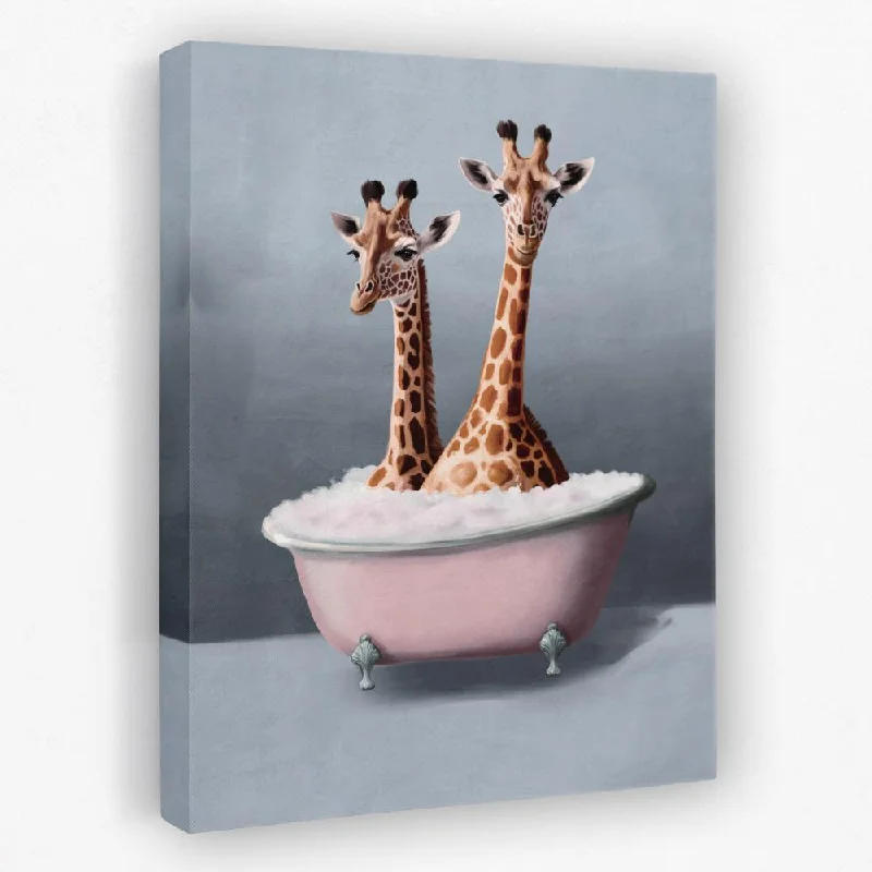 Vintage landscape canvas wall art for depth-Giraffes In The Bath