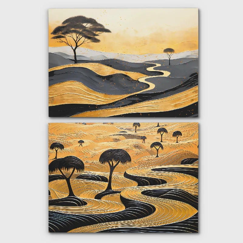 Boho style wall art for cozy space-Gold African Landscape (2) Set