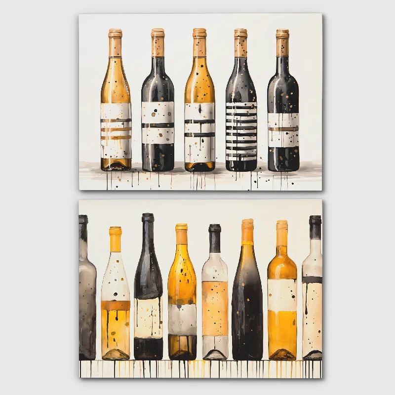 Vintage botanical geometric wall art for retro-Gold and Black Wine Bottles (2) Set