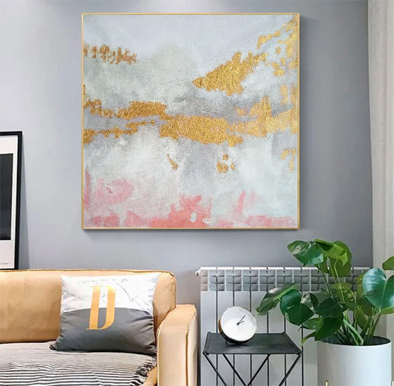 Luxury gold geometric wall art for opulence-Gold White Pink Art Abstract Painting Oversized Art Canvas Op039