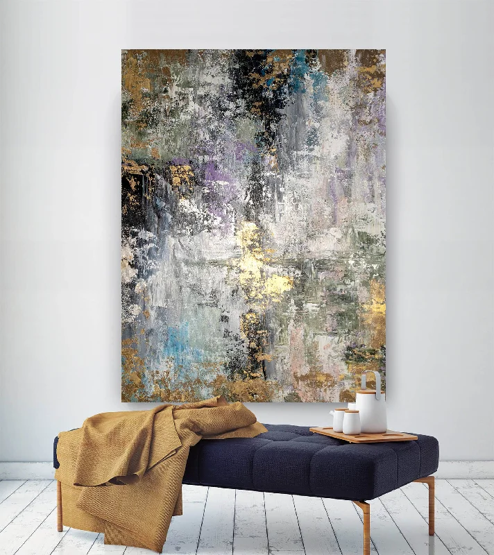 Boho style floral wall art for softness-Gray Gold Purple Abstract Painting Livingroom Decor Fp083