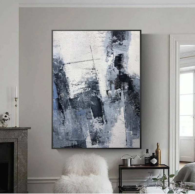 Nature themed floral modern wall art for peace-Gray Painting Abstract Extra Large Blue Abstract Painting Black White Cp009