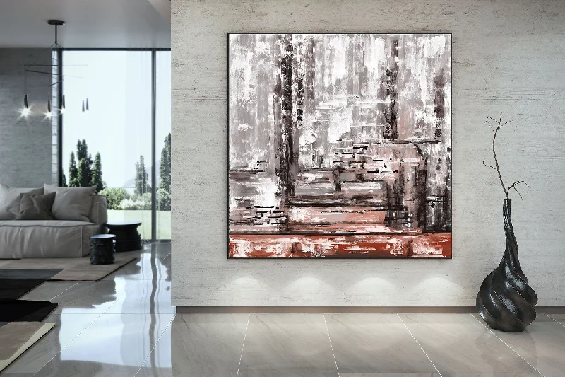 Small luxury geometric wall art for detail-Gray Red Palette Knife Artwork Original Abstract Painting Fp051