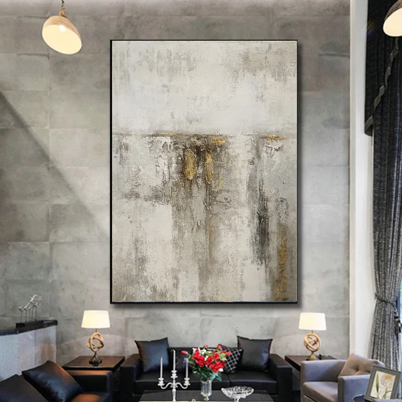 Luxury framed abstract wall art for class-Gray White Gold Abstract Acrylic Painting on Canvas Textured Wall Art Op093