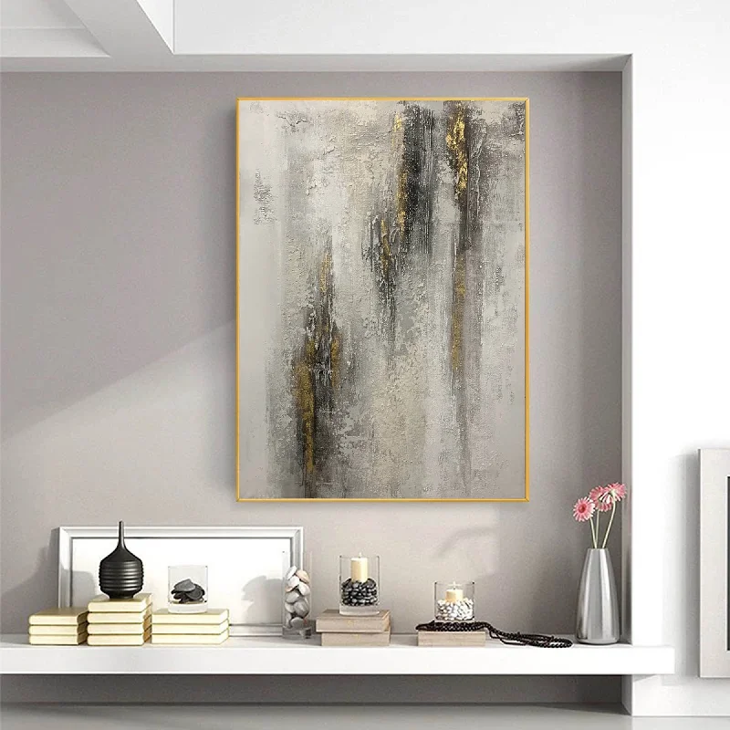 Minimalist white floral wall art for purity-Gray White Gold Abstract Painting Contemporary Wall Art Op092