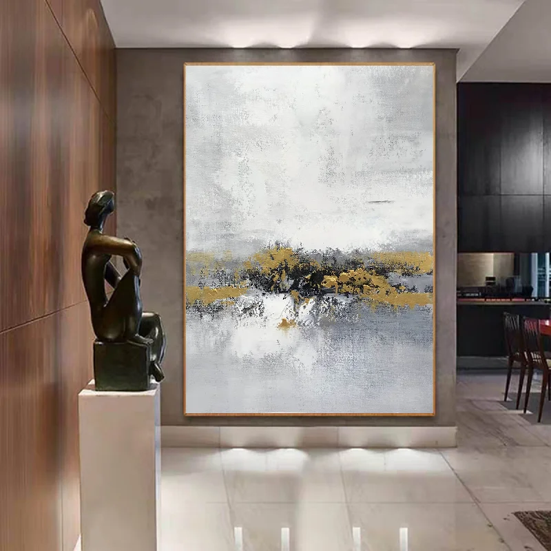 Contemporary blue geometric wall art for calm-Grey Gold Abstract Painting Living Room Wall Art Office Painting Yp015