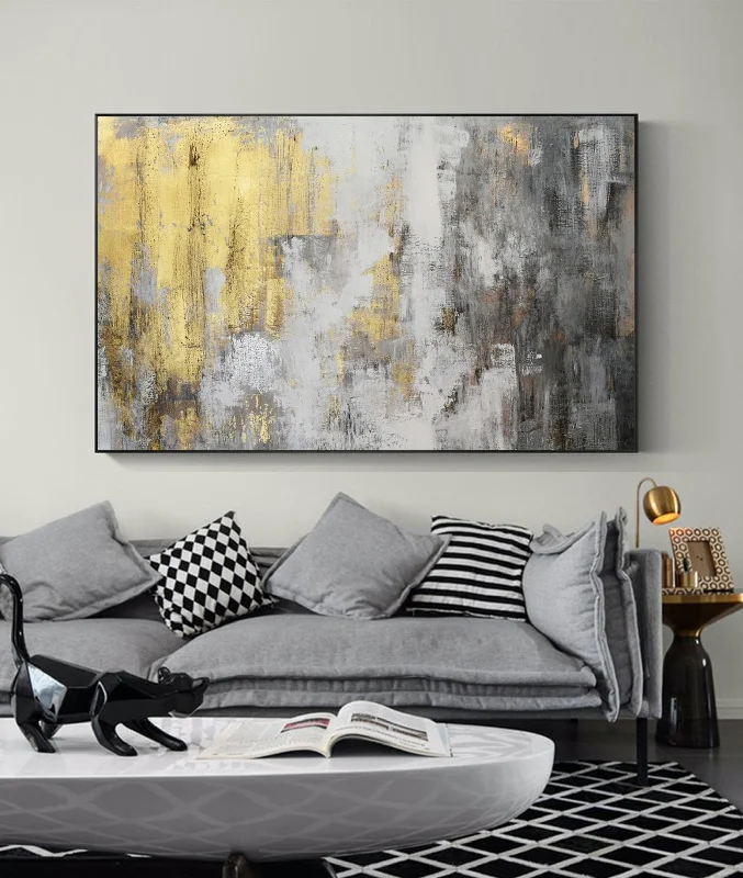 Boho style animal canvas wall art for eclectic-Grey White Gold Abstract Painting on Canvas Original Artwork Op009