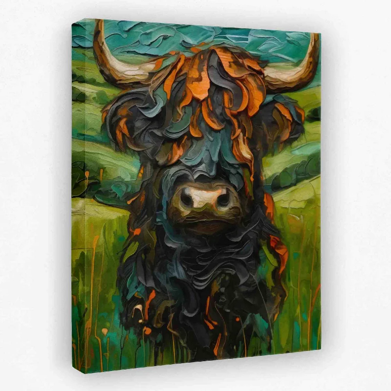 Abstract blue wall art for serene feel-Highland Meadow Bull