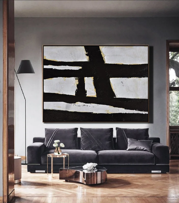 Vintage landscape abstract wall art for depth-Horizontal Black and White Minimalist Art, Modern Minimal Painting Yp073