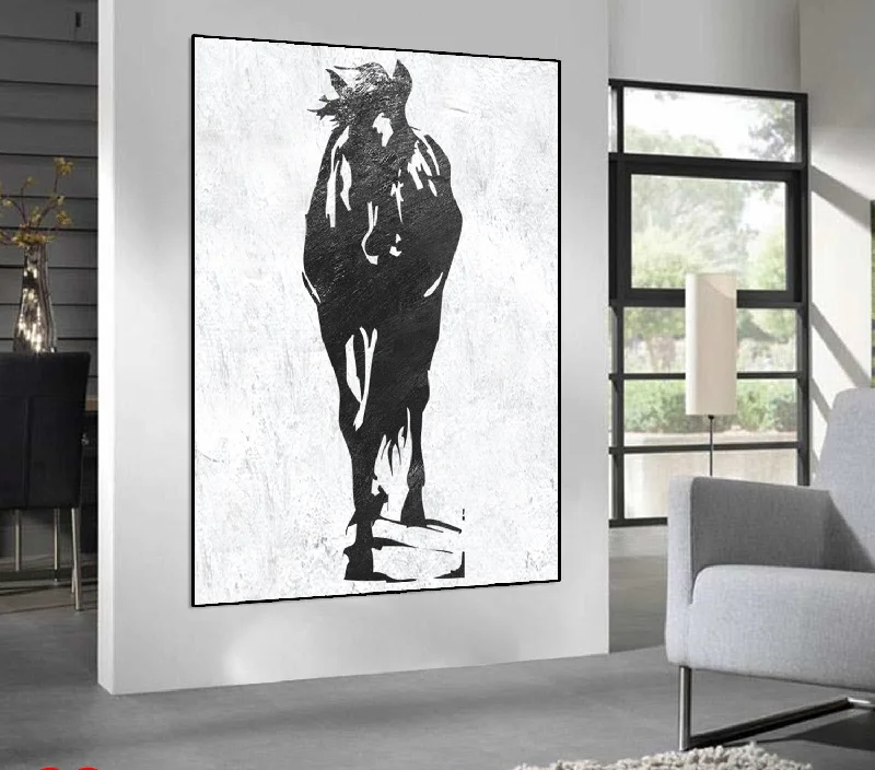 Luxury floral wall art for sophistication-Horse Painting on Canvas Black and White Handmade Original Painting Yp095