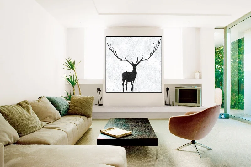 Minimalist white abstract wall art for calm-Large Abstract Deer Painting Black and White Painting Yp093