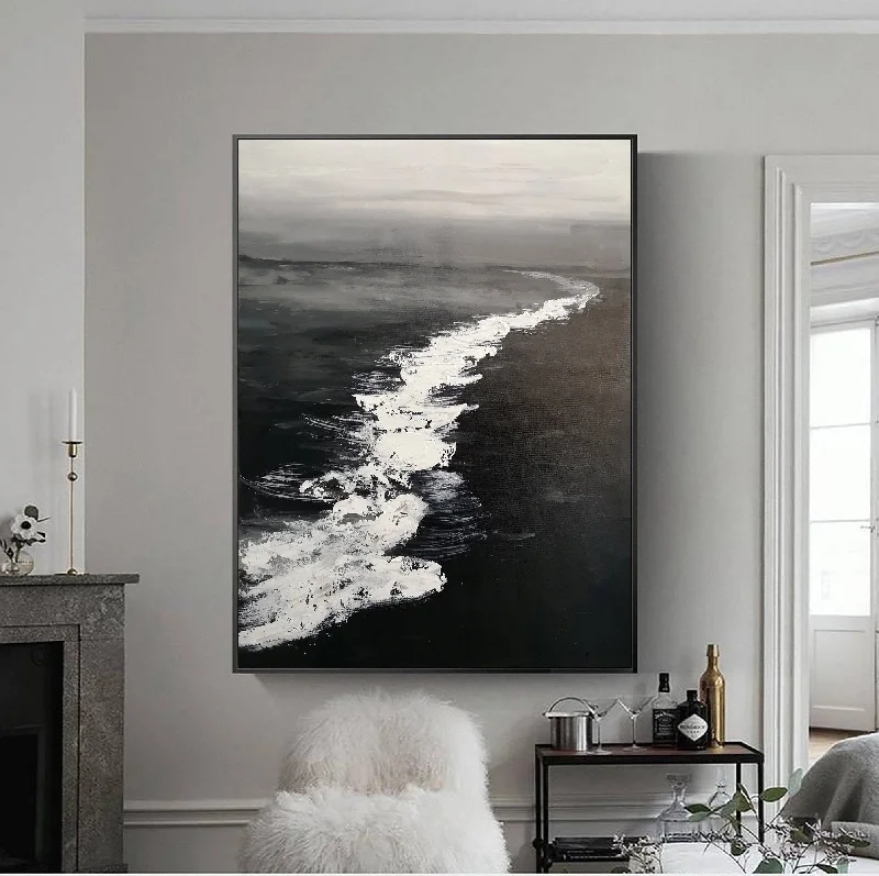 Small rustic geometric wall art for cozy-Large Black and White Ocean Painting Coastal Wall Art Grey Wall Decor Op075