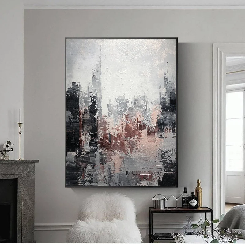 Boho abstract wall art for eclectic style-Large Gray Painting Abstract City Painting Black and White Painting Op069