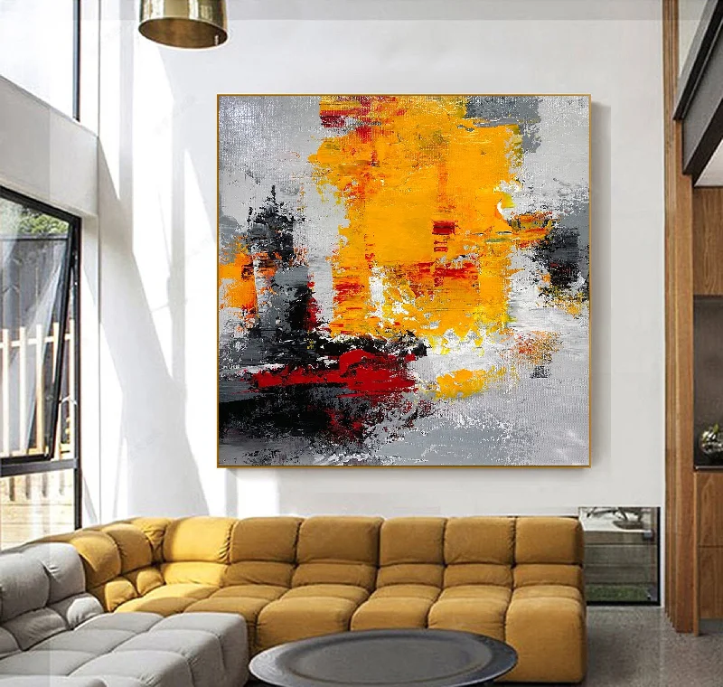 Minimalist black floral wall art for chic-Large Yellow Gray Red Abstract Painting  Oversize Wall Art Cp019