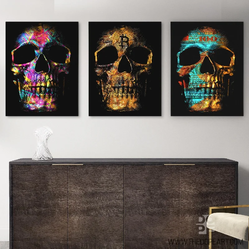 Hand-painted animal canvas wall art for detail-Money Skulls 3 Piece Set