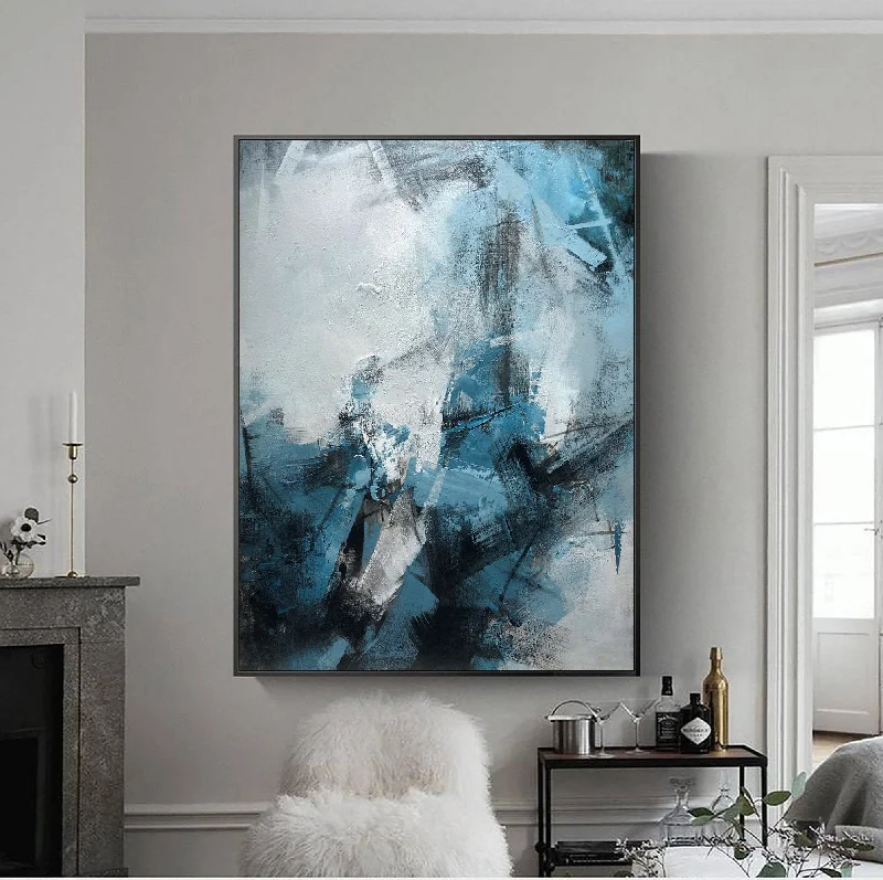 Luxury framed animal wall art for class-Navy Blue And White Abstract Painting Oversize Canvas Art Op080