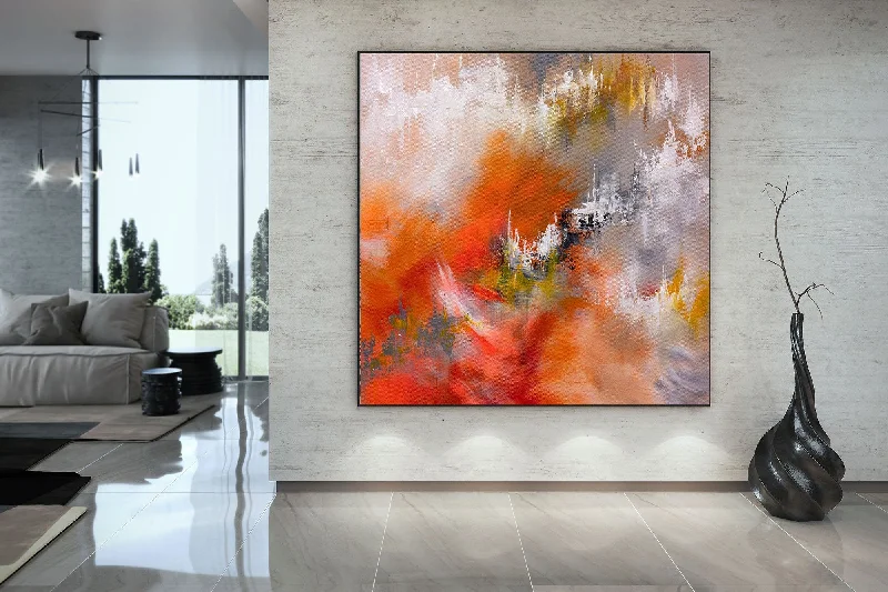 Custom framed geometric wall art for unique-Orange Gray White Abstract Painting Colorful Textured Art Fp055